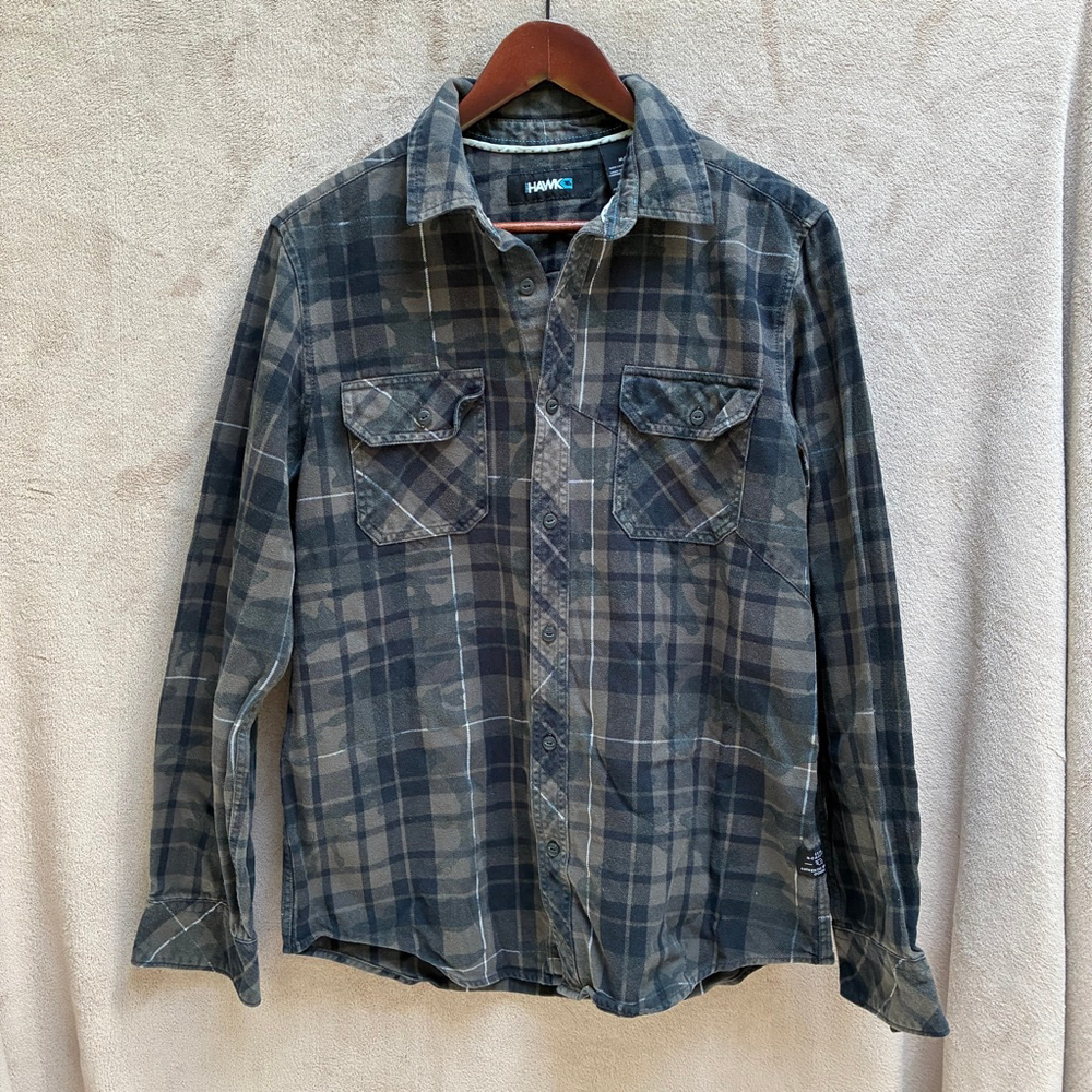 Men's Tony Hawk Medium Green Black Plaid Flannel Casual Button Down Shirt